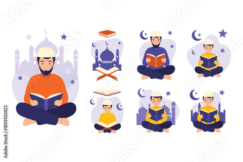 Muslim men reading quran in different positions with mosque and stars in background