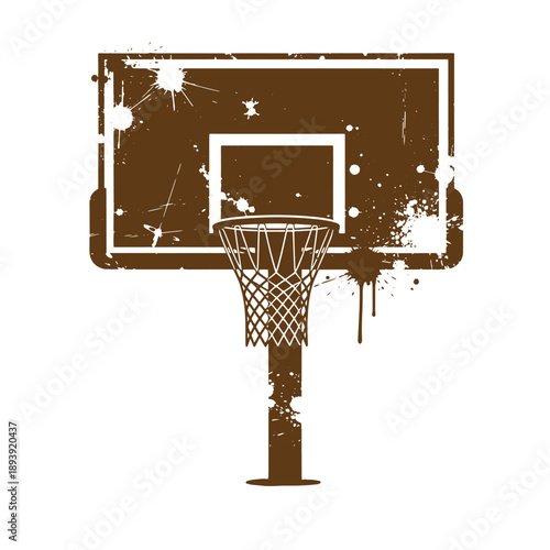 Vintage Grunge texture Brown grunge style basketball hoop and backboard with paint splatters isolated on white background  sports equipment