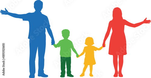 Silhouette of a colorful family of four holding hands with arms outstretched on a white background Keywords: family, people