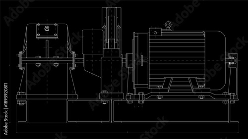 Assembly drawing of electrical reducer.
Vector design of steel mechanical device with shaft, gear, 
electric engine, bolt connection and dimension lines.
Engineering technic computer cad scheme. 