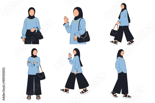 Woman wearing hijab and casual outfit with handbag in various poses