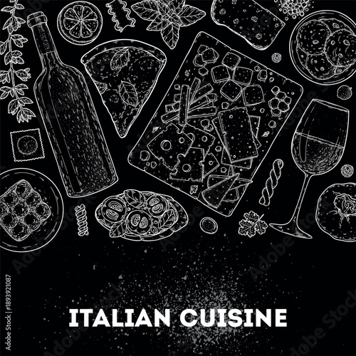 Italian cuisine. Italian food top view. Vector drawing illustration. Set of sketches of Italian dishes. Food menu design template. Not AI generated.