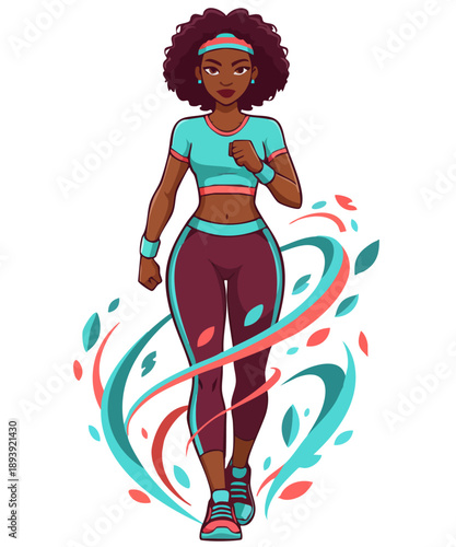 African American woman outdoors power walker, runner. Dynamic power walking illustration: diverse female athlete in vibrant style. Active lifestyle concept: modern flat design of woman cardio training