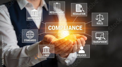 Compliance rules law regulation policy business. Businessman hold virtual compliance icons for enforcement of laws, regulations, and standards.	