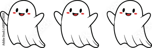 Three Cute Cartoon Ghosts Waving Hello With Happy Faces halloween character