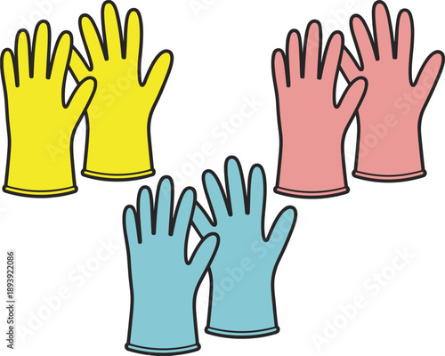 Three Pairs of Rubber Gloves in Yellow Pink and Blue cleaning gloves household gloves