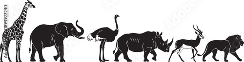 Black and white animal silhouettes of giraffe elephant ostrich rhino antelope and lion