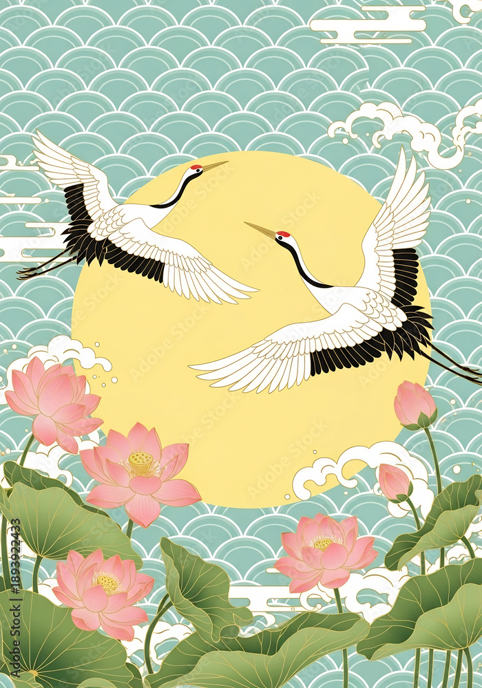 Fototapeta premium Two gracefully flying cranes and lotus plants illustration