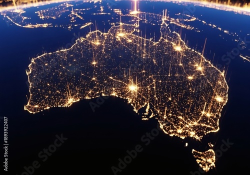 Stunning Night View of Australia from Space with City Lights Illuminating the Continent.