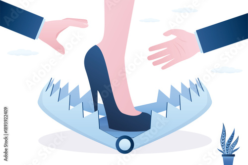 The trap of love, female leg in high heel shoes in the animal trap, male hands catching love or girlfriend in trap. Bait, lie, bad relationship.