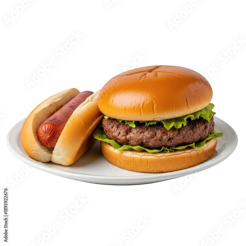 3d realistic burger and hot dog meal on a white plate delicious fast food transparent background