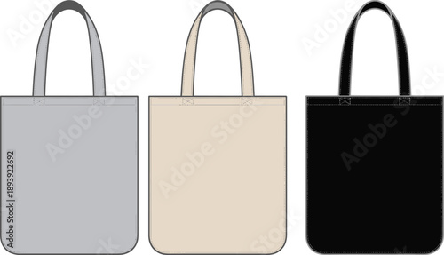 Three Tote Bags in Gray Beige and Black with Handles shopping bag canvas bag