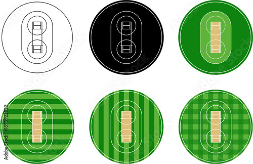 Top view cricket pitch illustration set with outline, black and green grass styles. Perfect for sports infographic, mobile apps, UI design, education, and game assets.
