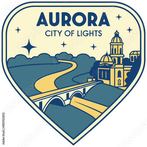 Aurora City of Lights travel badge featuring bridge and domed landmark