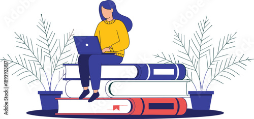 Woman Sitting On Stack Of Books Using Laptop Surrounded By Plants girl