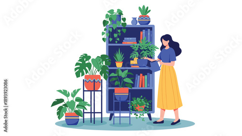 Woman with long dark hair watering a variety of lush indoor plants arranged on a tall blue bookshelf in a cozy and bright home setting.
