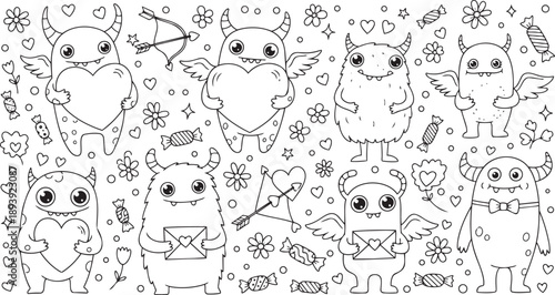 Black and white outline drawing of cute cartoon monsters with hearts, wings, bows, and envelopes, surrounded by candies and flowers, perfect for Valentine's Day coloring.