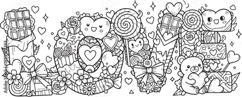 Cute Valentine's Day themed coloring page with the word LOVE formed by hearts, chocolates, gifts, and a teddy bear.