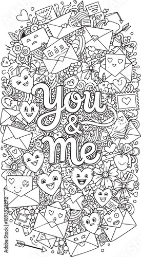 Black and white doodle art coloring page featuring 'You & me' text surrounded by cute hearts, love letters, envelopes, and floral elements, perfect for Valentine's Day or romance.