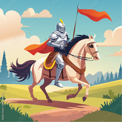 Medieval knight on horseback charging into battle, ornate armor, flowing pennant flag