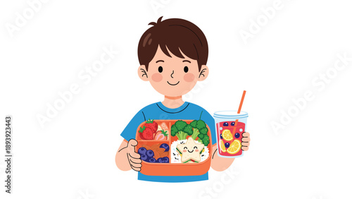 Happy young boy holding a healthy bento lunch box with fruits, vegetables, and a star-shaped sandwich alongside a refreshing berry drink.