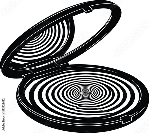 Open makeup compact mirror with spiral reflection, hypnotic optical illusion design, black and white beauty icon, cad drawing flat vector illustration.