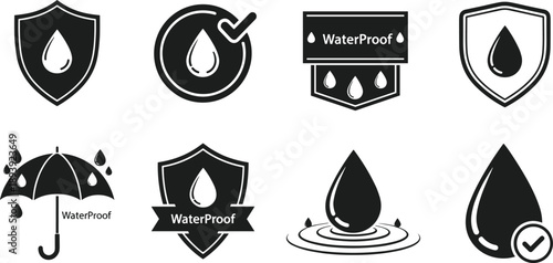 Waterproof protection icon set with shield droplet umbrella badge water resistant safety and product durability symbols