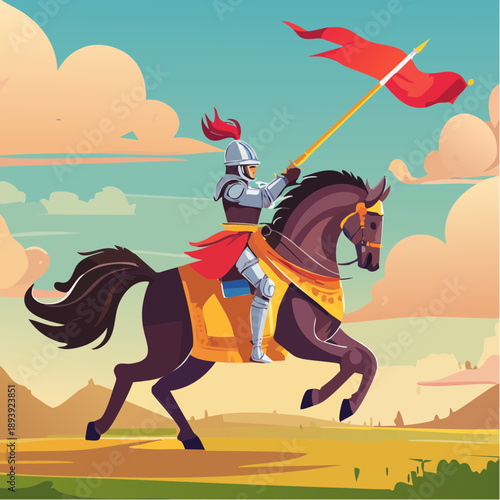 Medieval knight on horseback charging into battle, ornate armor, flowing pennant flag