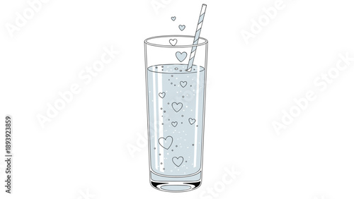Simple and elegant illustration of a tall glass of refreshing water or soda with floating blue hearts and a striped straw.