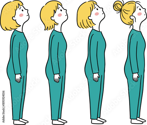 Woman standing posture variations illustration, female body position side view, healthy posture concept, cartoon character vector design