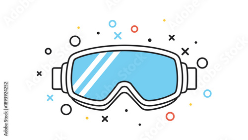 Stylish blue ski goggles surrounded by playful geometric shapes and dots, perfect for winter sports and alpine fashion themes.