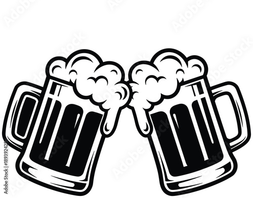 Two filled beer mugs toasting cheers, black silhouette icon, pub alcohol drink party celebration design, cad drawing flat vector illustration.