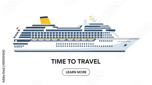 Massive white cruise ship with multiple decks and a yellow funnel sailing on a calm blue sea for a luxury travel advertisement.