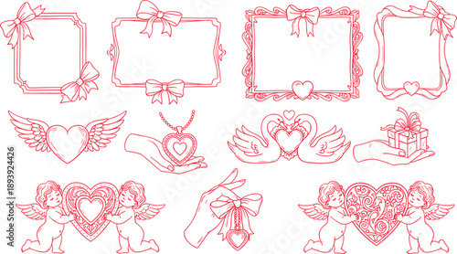Valentine and wedding romantic frame set, red vintage hearts cupids and swans line art vector,