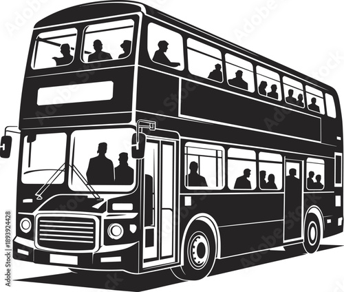 Double decker bus silhouette vector illustration featuring urban public transportation vehicle with passengers, city travel and commute concept design isolated