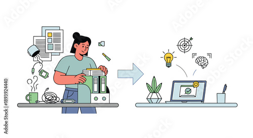 Vector illustration of woman turning messy workspace into organized digital office