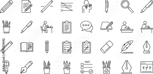 Writing and education line icon set with stationery editing notes study office tools and creative content symbols
