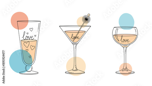 Artistic illustration of three elegant cocktail glasses containing drinks, decorated with hearts, bubbles, and the word love.