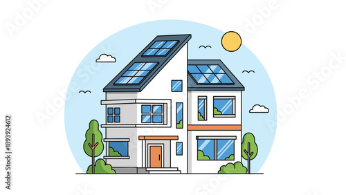 Contemporary residential house with an innovative design featuring large windows and rooftop solar panels for sustainable living.