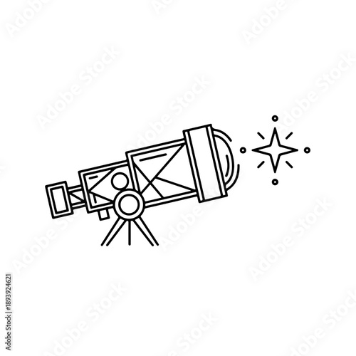 Astronomy Telescope Line Art Icon with Shining Star - Space Exploration, Stargazing, and Scientific Discovery Concept