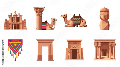Ancient middle eastern architecture and culture: monuments, camels, and traditional artifacts