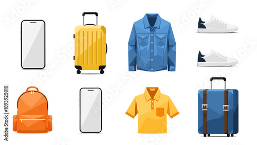 Modern travel and fashion essentials: smartphone, luggage, clothing, accessories