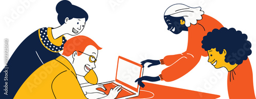 Diverse team working together on a project using a laptop in a modern office environment isolated on transparent background, Vector