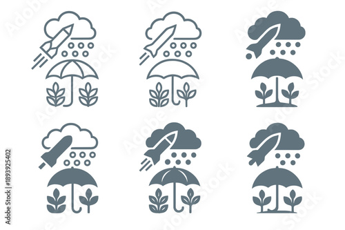 Hailstorm Prevention Logos. Hailstorm damage prevention in agriculture. Icon set. Set Logo of Hailstorm damage prevention in agriculture: hail suppression