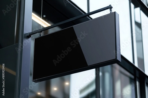 Black sign mockup hanging on wall of modern building with white light in closeup view during daytime
