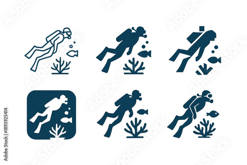 Underwater Exploration Logos. Underwater exploration and marine life. Icon set. Set Logo of Underwater exploration and marine life: scuba diver silhouette.