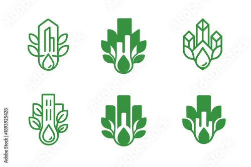 Urban Innovation Logos. Innovative solutions for urban living. Icon set. Set Logo of innovative solutions for urban living: vertical garden facade with water