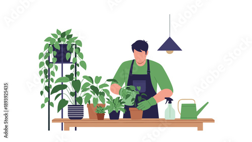 Male hobbyist carefully potting and watering several green houseplants on a wooden work table under a warm hanging light.