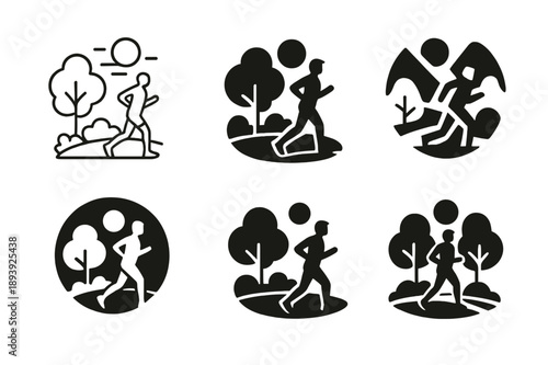 Morning Jogger Icons. A person jogging in the park during the early morning, surrounded by nature. Icon set. Set Logo of a person jogging in the park during