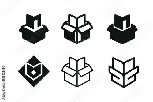 Storytelling Logo Variations. Storytelling Through Design. Icon set. Set Logo of Storytelling Through Design: packaging unboxing sequence. harmonious logo